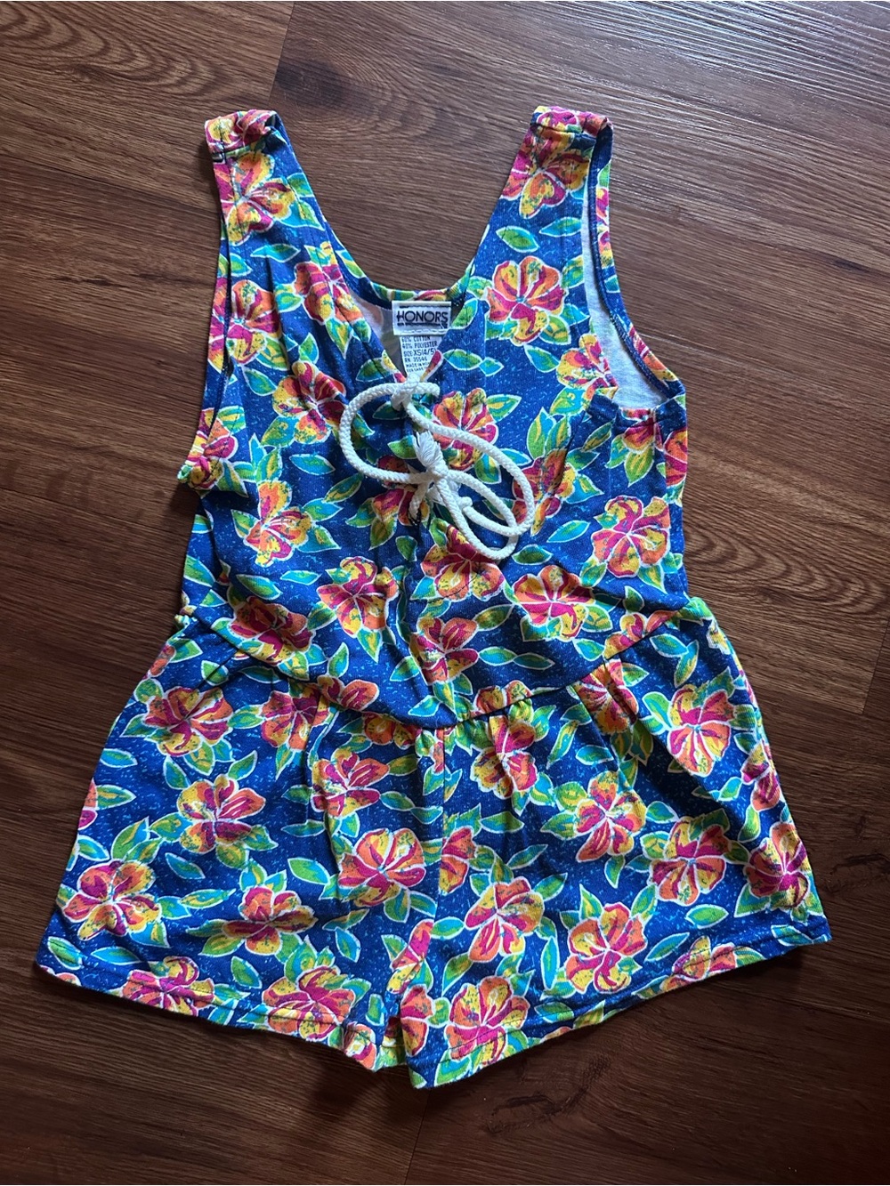 Vintage Girls Blue Floral Romper with Front Rope Tie